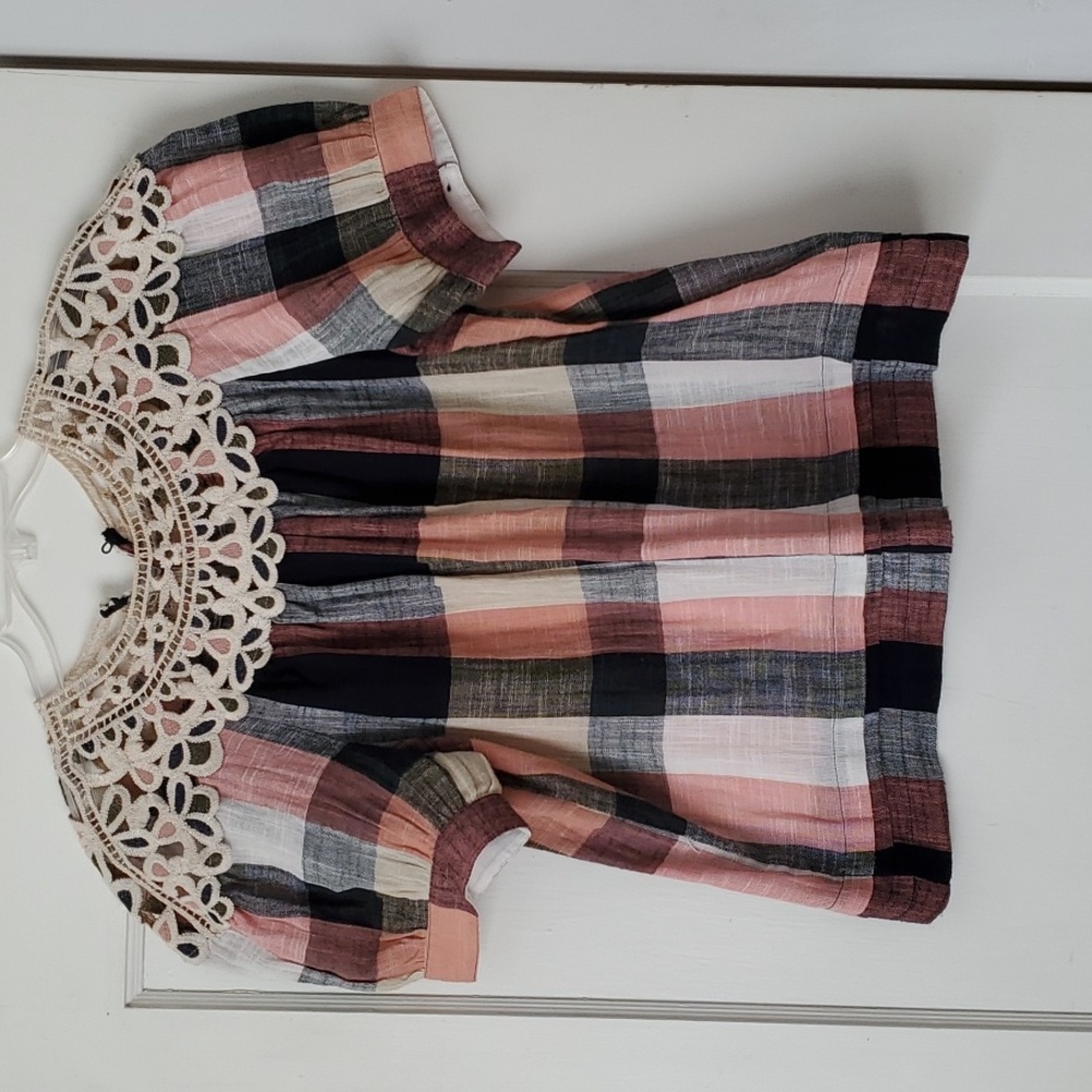 Anthropologie Plaid Crochet Lace Top 100% Cotton M